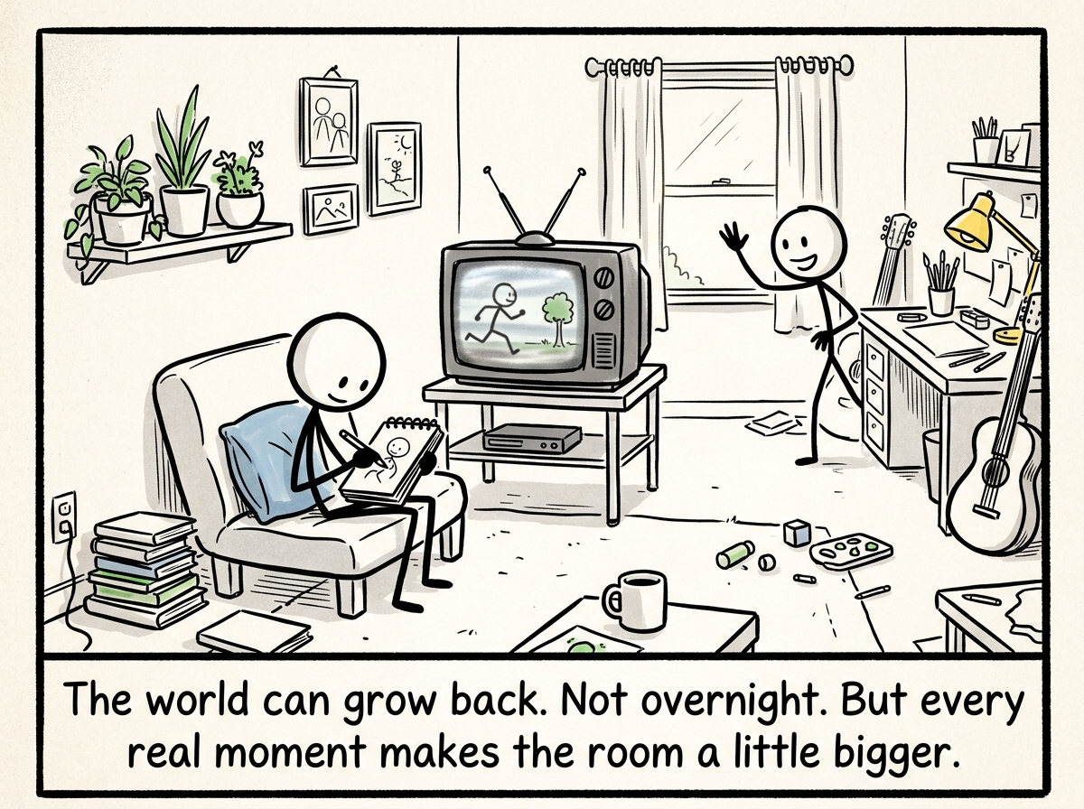 The stick figure in a fuller world -- still imperfect, still messy -- but the screen is small again and the room has space for people, hobbies, and life