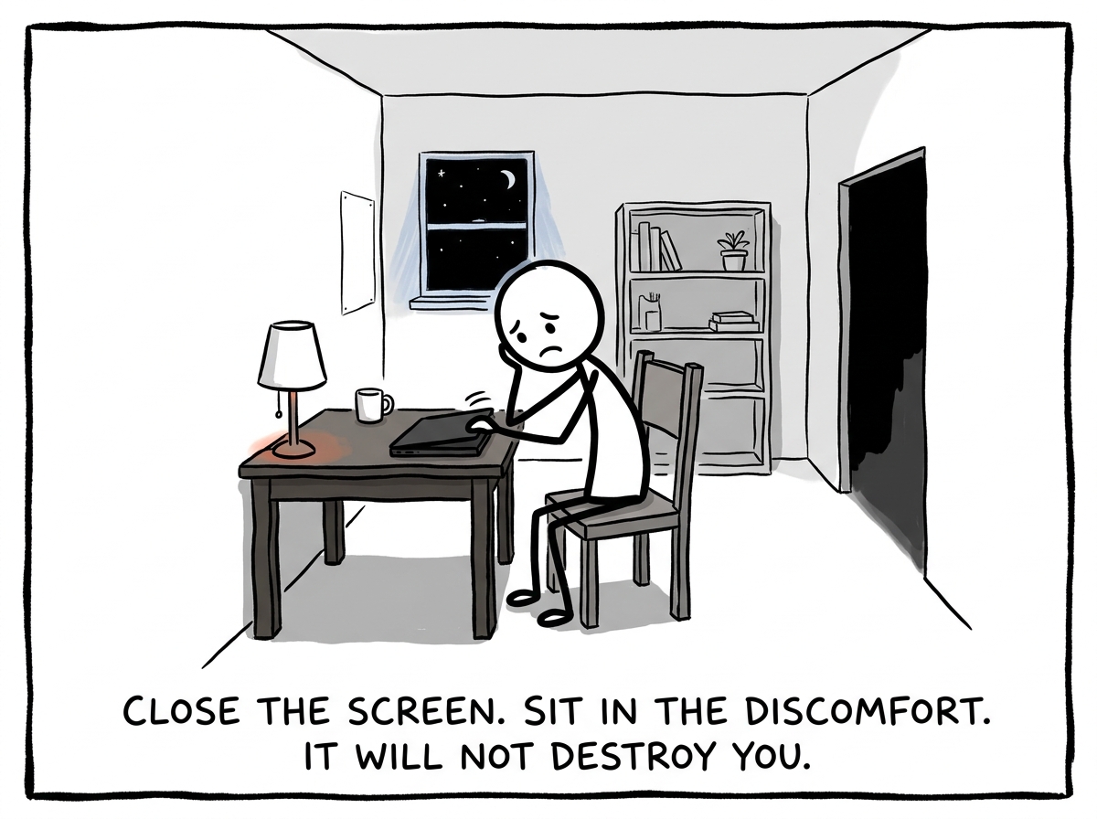 A stick figure closing a laptop screen and sitting in the discomfort of boredom and loneliness instead of reaching for the familiar escape