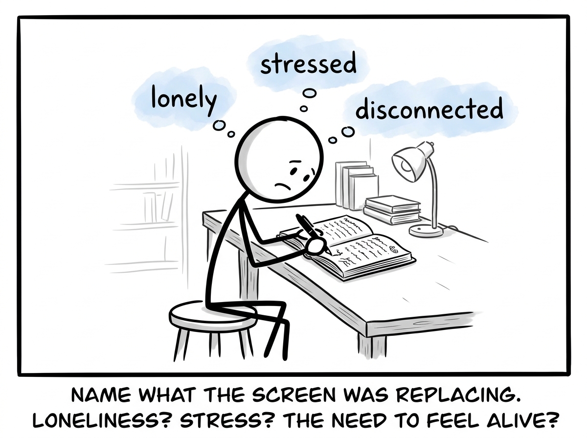 The stick figure writing in a journal, identifying what they were feeling before the urge -- lonely, stressed, disconnected -- naming the real need