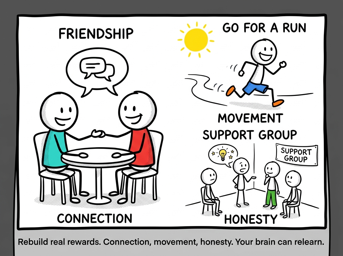 The stick figure reaching out to a friend, going for a run, or attending a support group -- rebuilding real-world sources of connection and dopamine