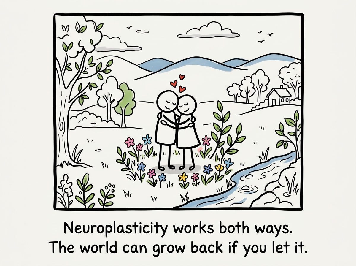 The stick figure in a genuine moment of intimacy or closeness with another person, the world around them fuller and more colorful than before