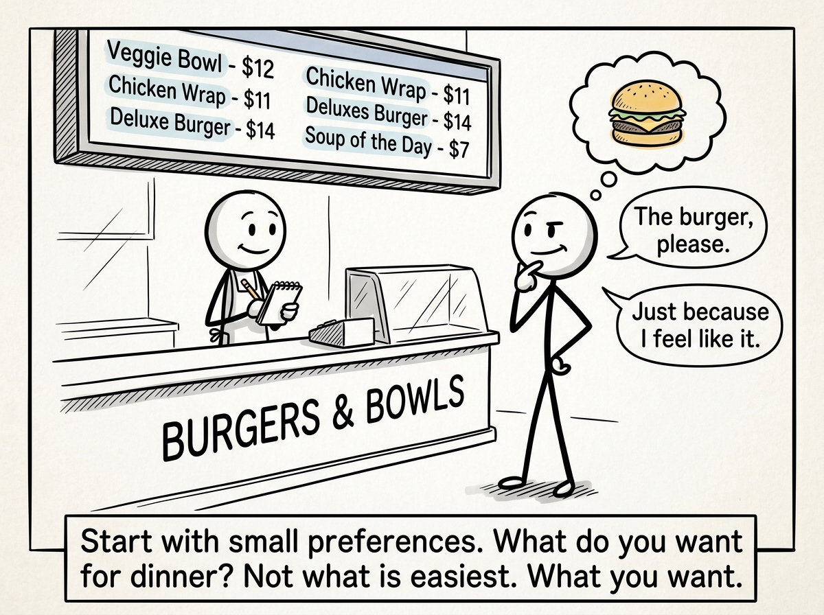 The stick figure making a tiny, low-stakes choice entirely for themselves -- ordering something just because it sounds good