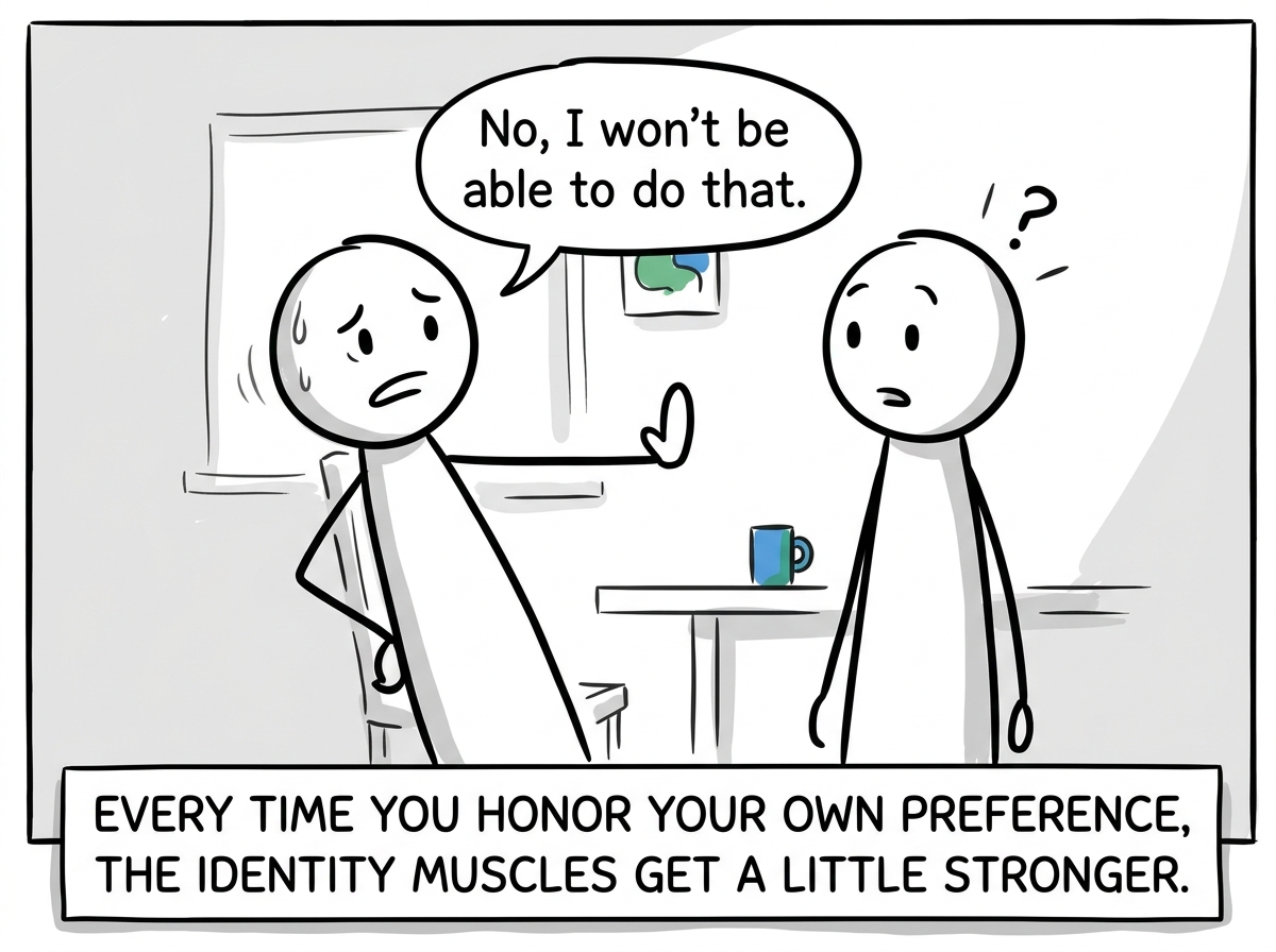 The stick figure saying 'no' to a request without apologizing, looking uncomfortable but holding the line
