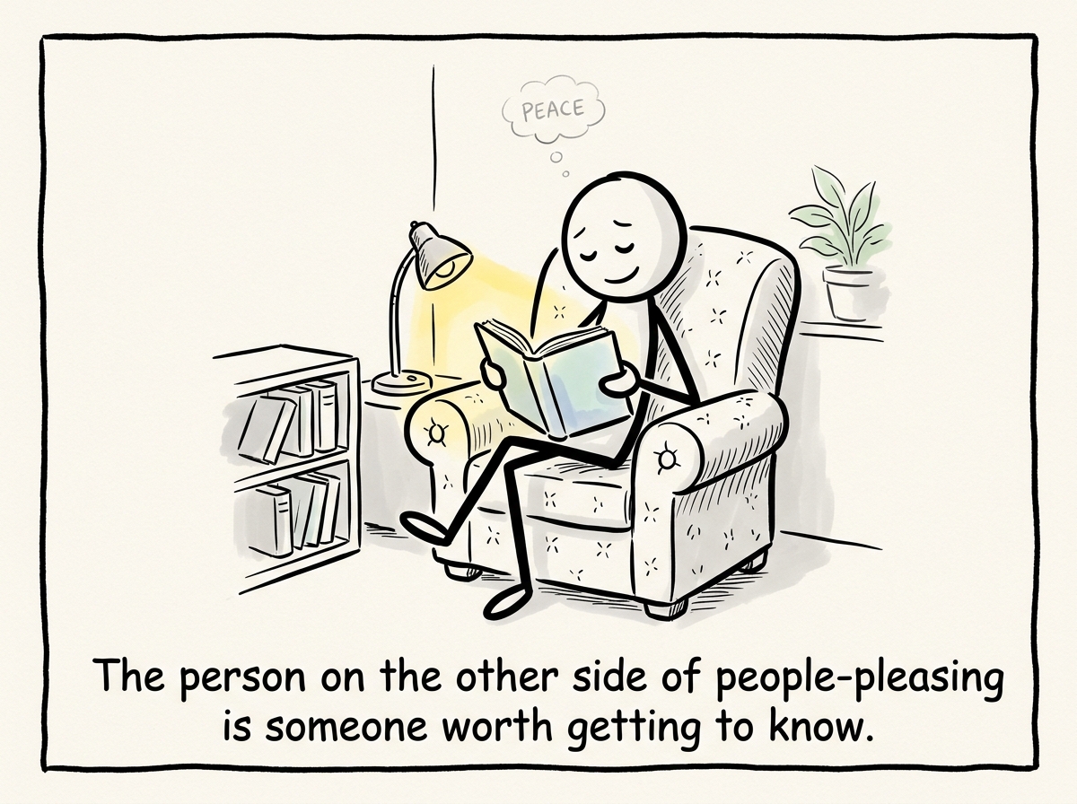 The stick figure sitting comfortably alone, reading a book they chose, looking peaceful instead of empty