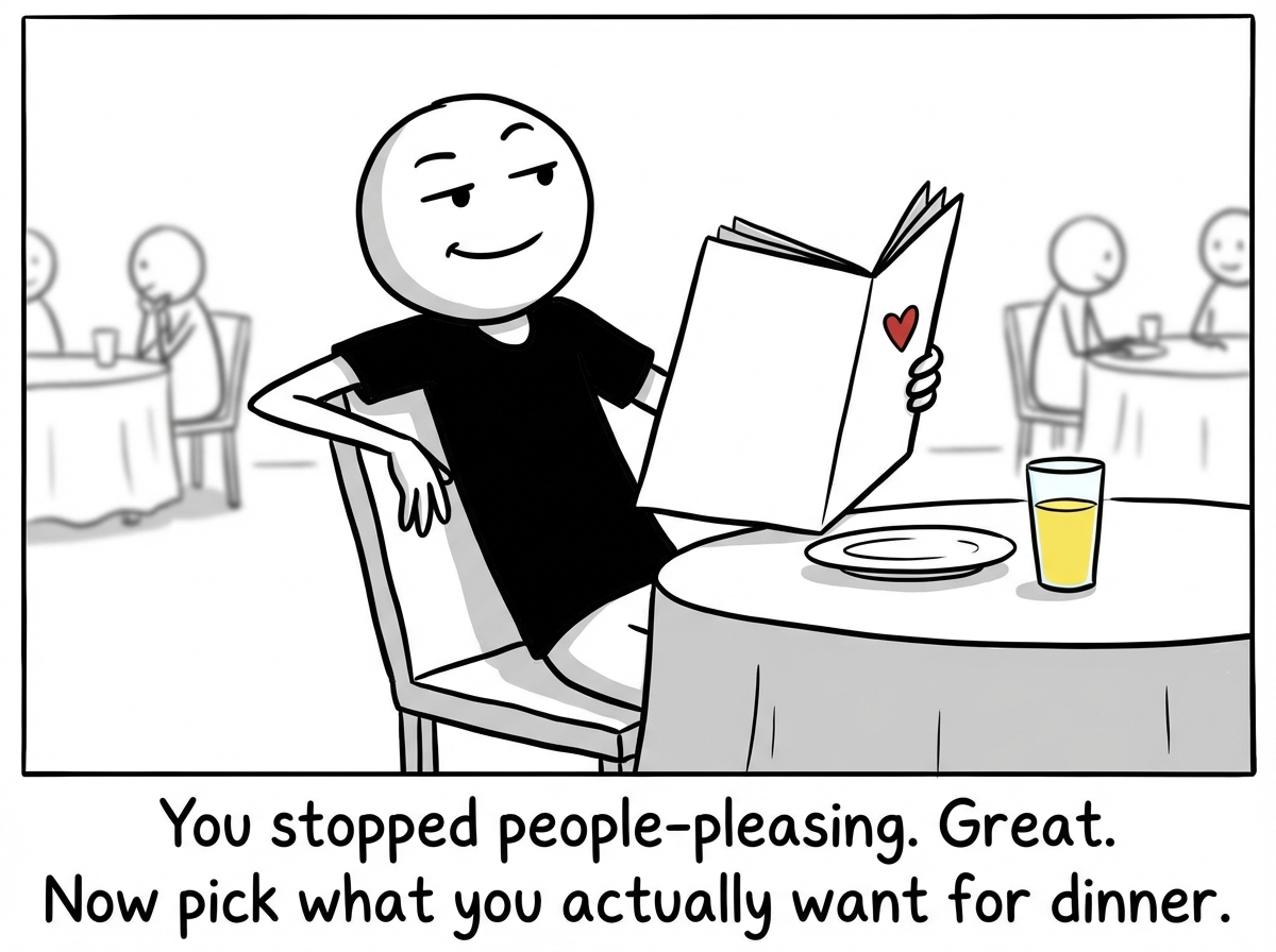 A stick figure sitting at a restaurant table, confidently opening a menu with a relaxed posture, ready to order