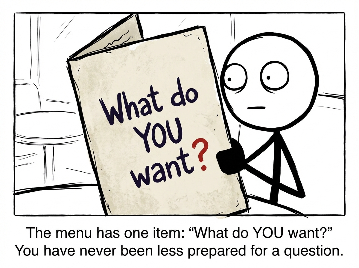 Close-up of the menu, which has no food items -- just one giant question in the center that reads 'What do YOU want?' The stick figure stares at it with wide eyes and a blank expression