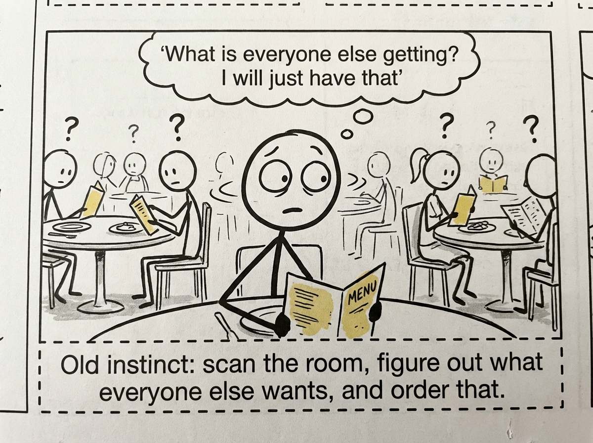 The stick figure looking around desperately at other diners for cues on what to order, old habits kicking in, thought bubble reading 'What is everyone else getting? I will just have that'