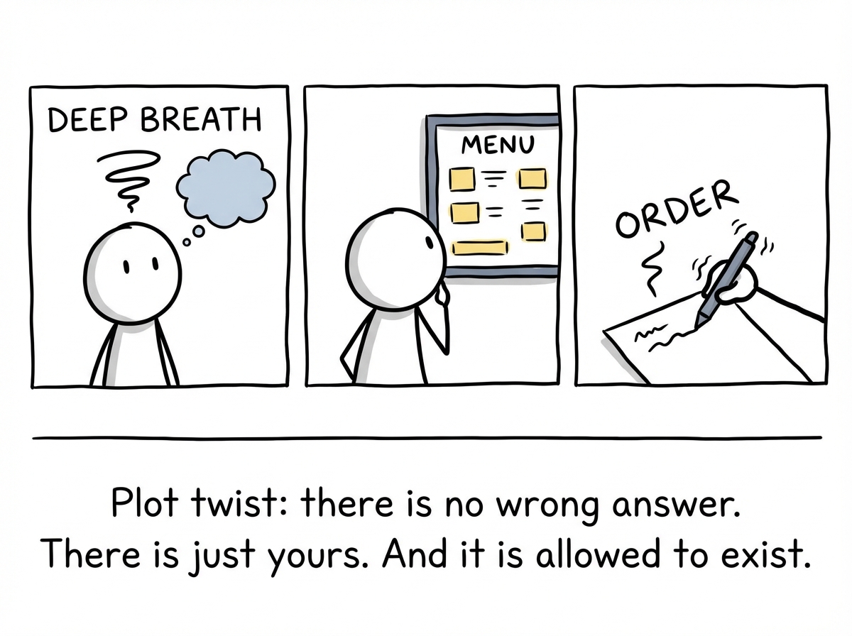 The stick figure taking a deep breath, looking back at the menu, and slowly writing something down with a shaky hand -- their own order, for maybe the first time ever