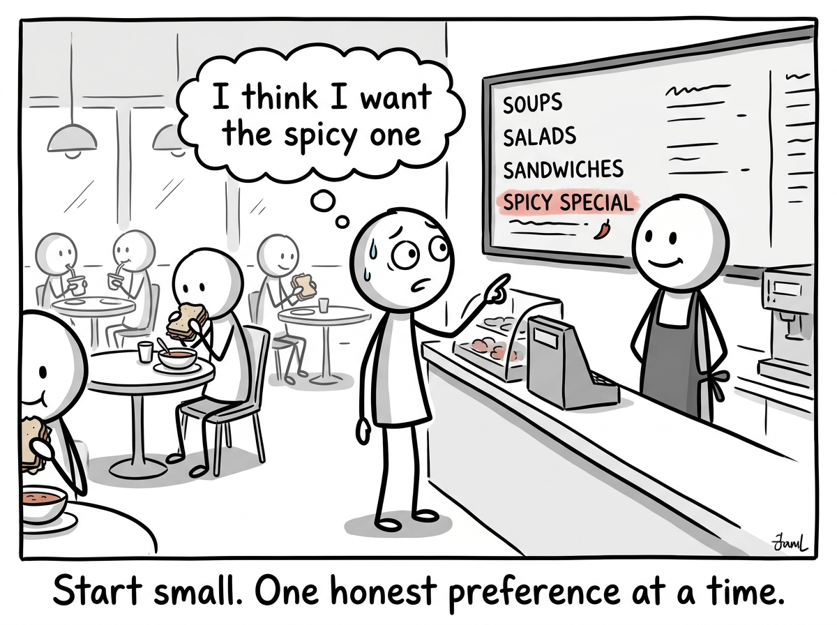 The stick figure trying a small experiment -- ordering something nobody else is having, with a nervous but curious expression. A thought bubble reads 'I think I want the spicy one'