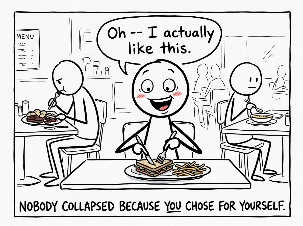 The stick figure eating their own choice and genuinely enjoying it, with a surprised look that says 'Oh -- I actually like this.' Other diners have different meals and nobody cares