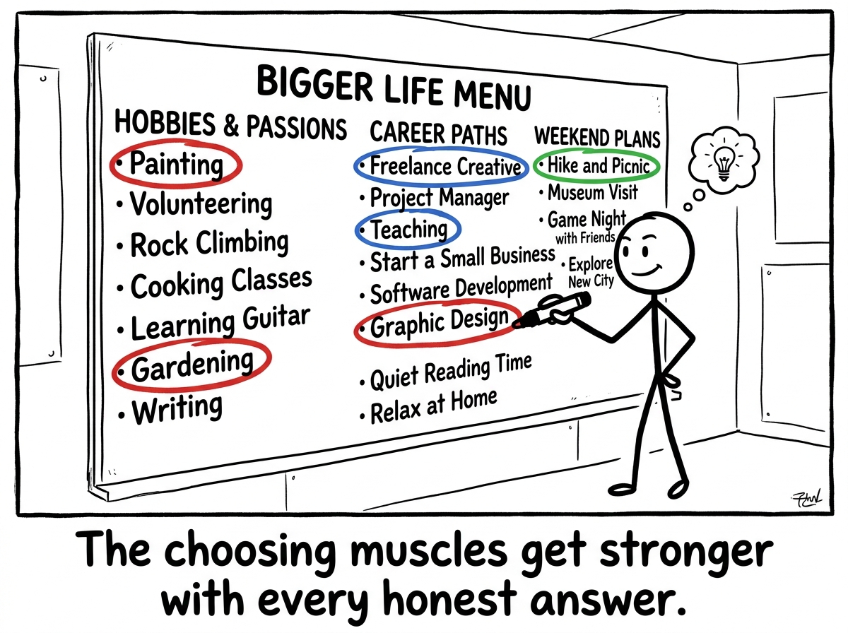 The stick figure at a bigger life menu -- hobbies, career paths, weekend plans -- circling options with growing confidence. The menu is no longer blank