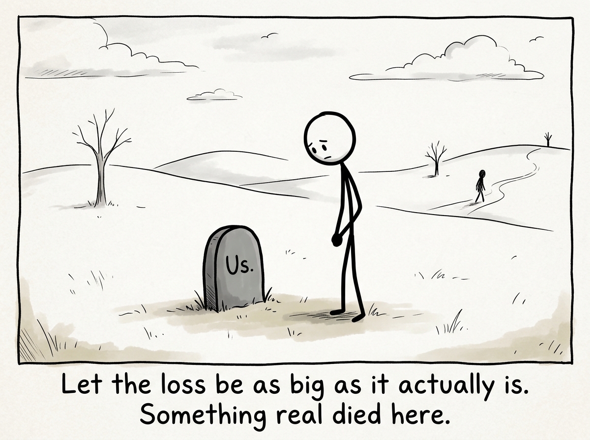 A stick figure standing at a small gravestone labeled 'Us,' allowing themselves to stand there without rushing away.