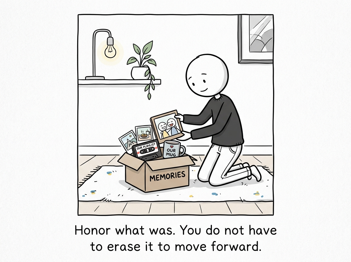 A stick figure packing a small box of shared memories -- photos, a playlist, a mug -- with care rather than throwing them away.