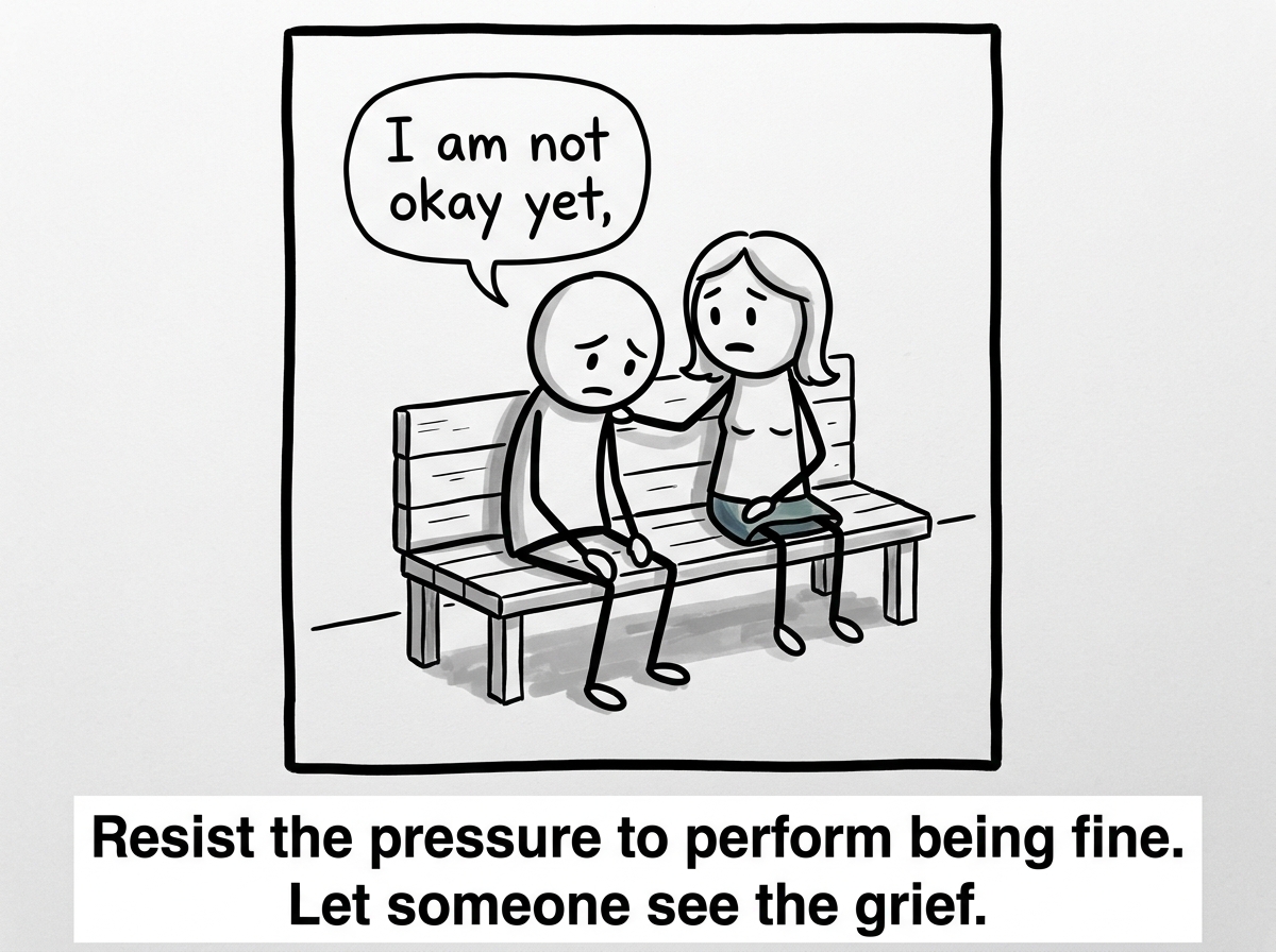 A stick figure sitting with a trusted friend, telling them 'I am not okay yet,' the friend placing a hand on their shoulder.
