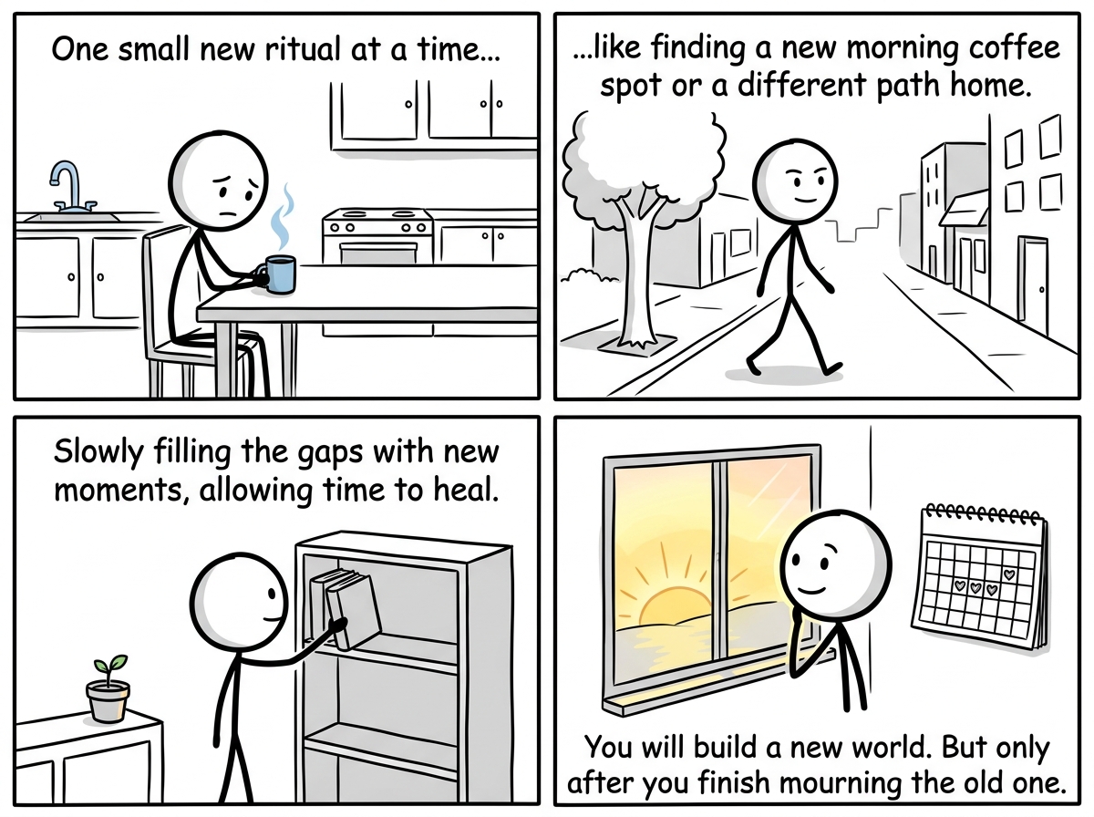 A stick figure slowly rebuilding a daily routine, one small new ritual at a time -- morning coffee alone, a different walk home.