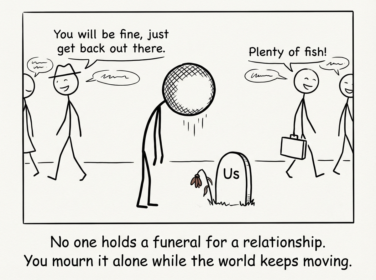 The figure standing at a tiny gravestone that reads 'Us' with a single wilted flower. Around them, other people walk by casually, chatting and laughing. One passerby says, 'You will be fine, just get back out there.' Another says, 'Plenty of fish!' The figure stares at the grave, hollow.