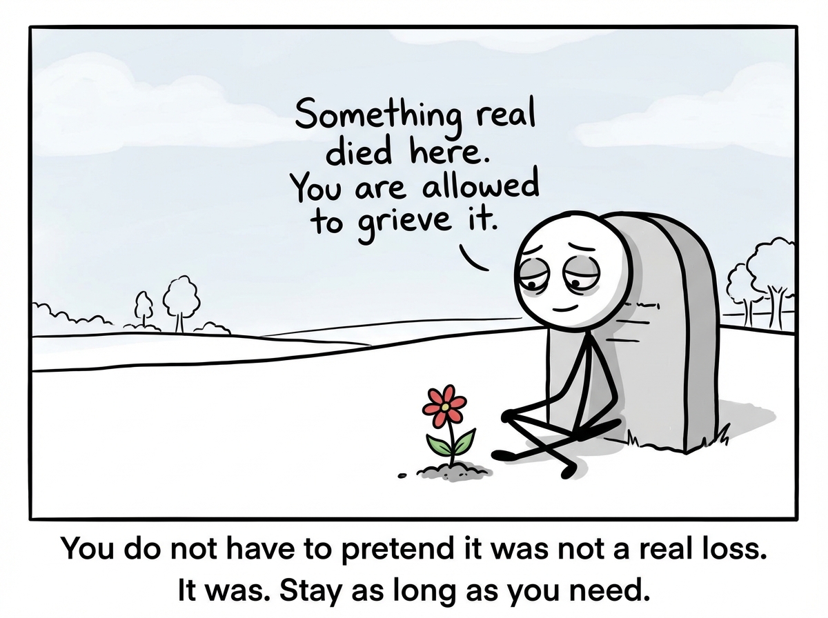 The figure still at the gravestone, but now sitting beside it instead of standing over it. The wilted flower has been replaced with a small fresh one. The figure looks tired but present. A text reads: 'Something real died here. You are allowed to grieve it.'