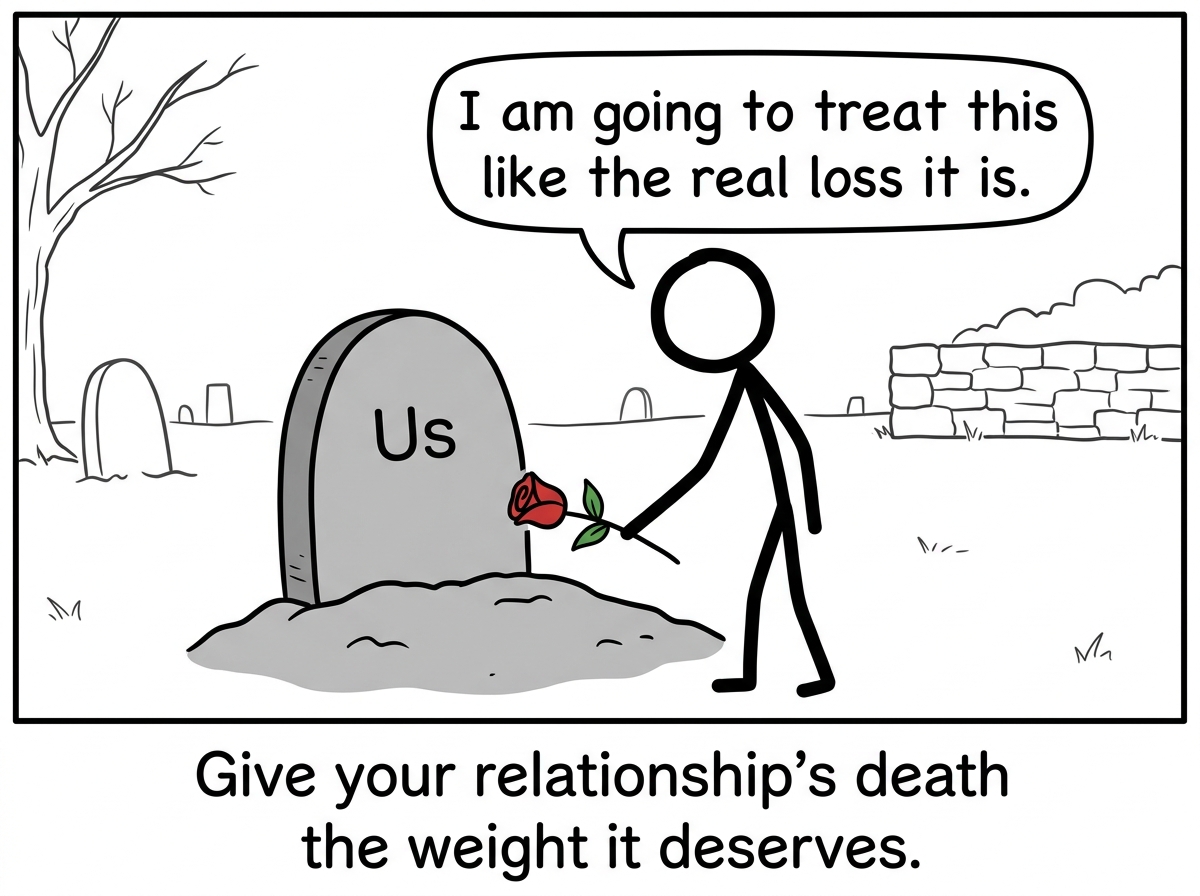 A stick figure standing at the gravestone labeled 'Us,' placing a flower there deliberately, saying 'I am going to treat this like the real loss it is.'