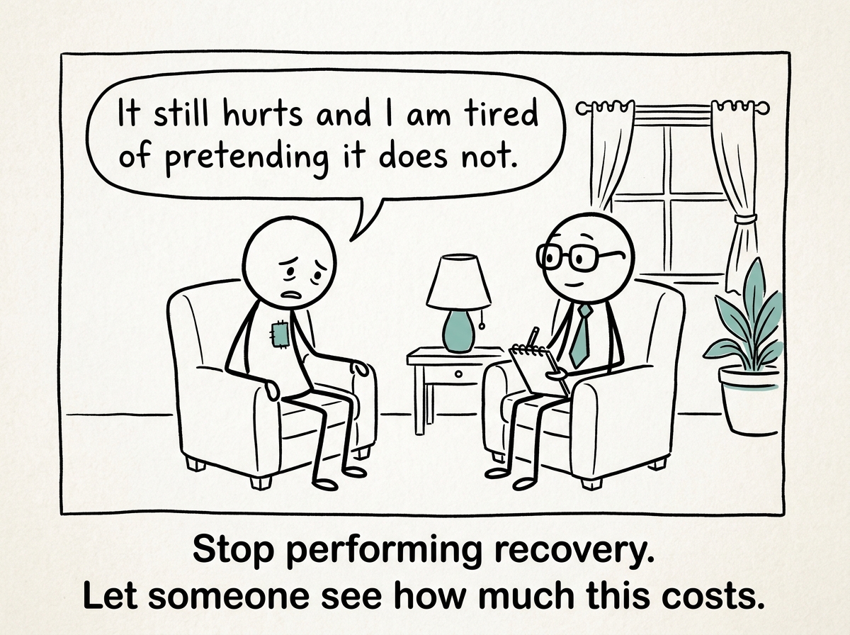 A stick figure talking to a therapist or trusted friend, saying 'It still hurts and I am tired of pretending it does not.'