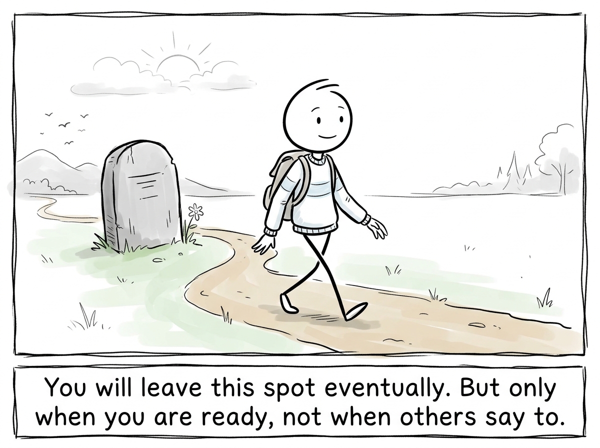 A stick figure walking away from the gravestone at their own pace, not looking back with guilt but with tenderness, new ground under their feet.