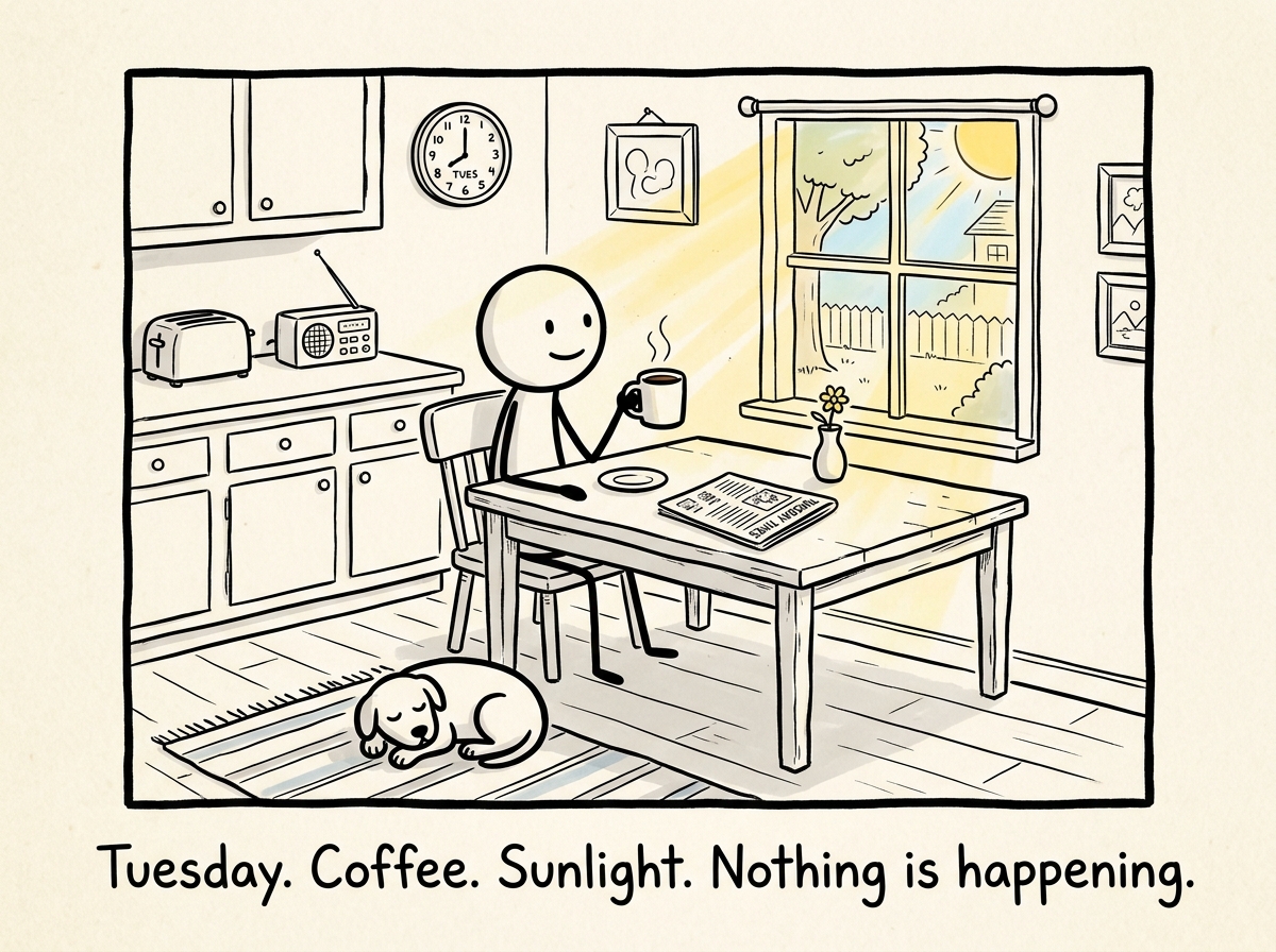 A stick figure sitting at a kitchen table on a completely ordinary Tuesday morning, coffee in hand, sun coming through the window, dog asleep at their feet