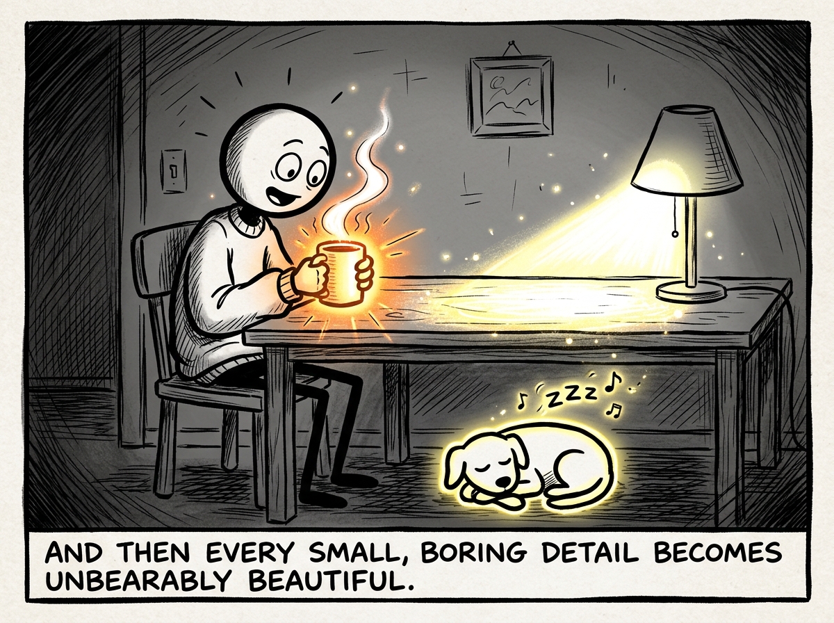 The stick figure noticing the warmth of the mug, the light on the table, the sound of the dog breathing, with each small detail shown glowing with unexpected intensity