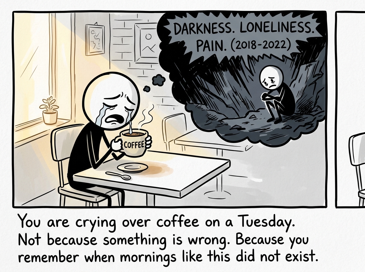 The stick figure crying into their coffee, not from sadness but from a gratitude so deep it physically hurts, a thought bubble showing a brief flash of the darkness they once lived in