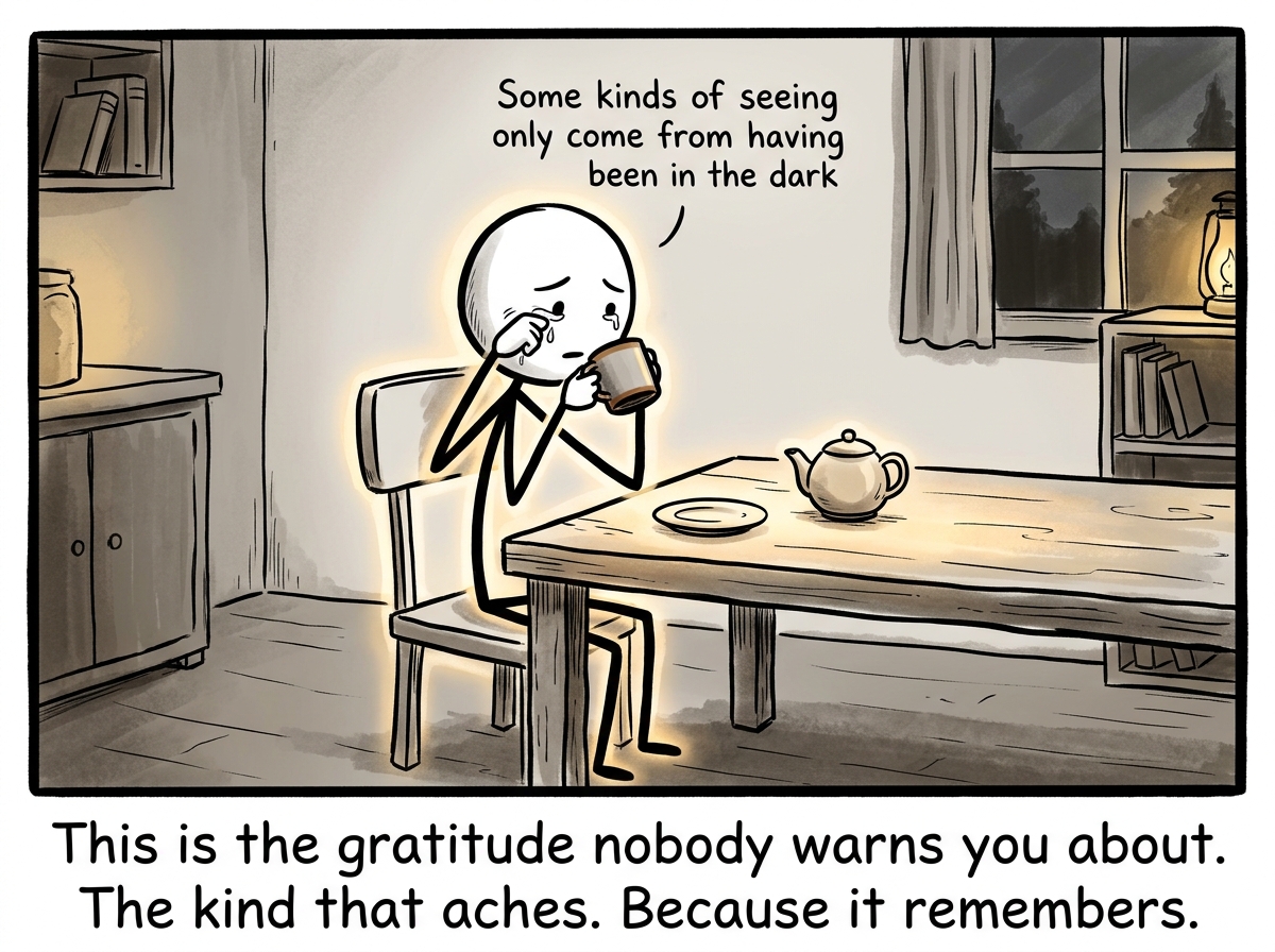 The stick figure wiping their eyes and taking another sip, a subtle glow around the entire ordinary scene, with small text: 'Some kinds of seeing only come from having been in the dark'