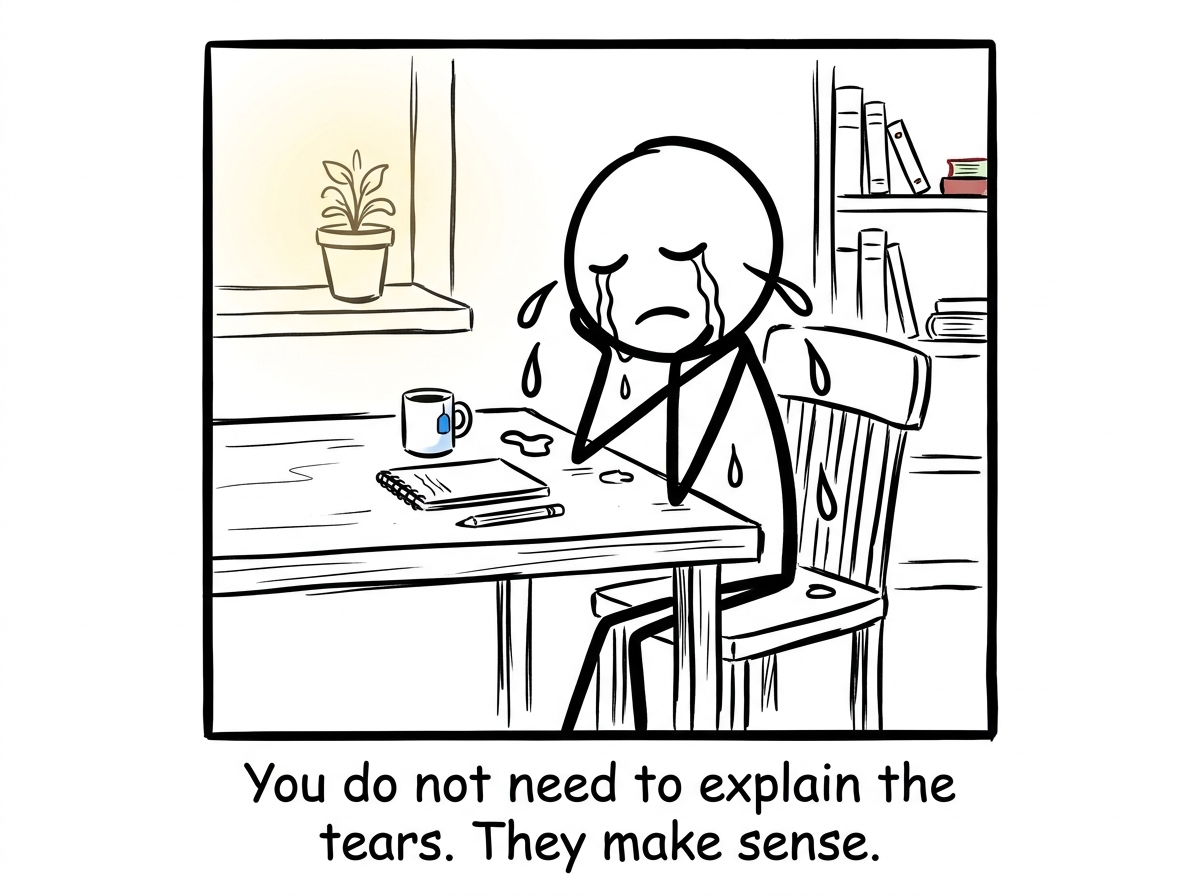 A stick figure crying during an ordinary moment and allowing the tears without judging them