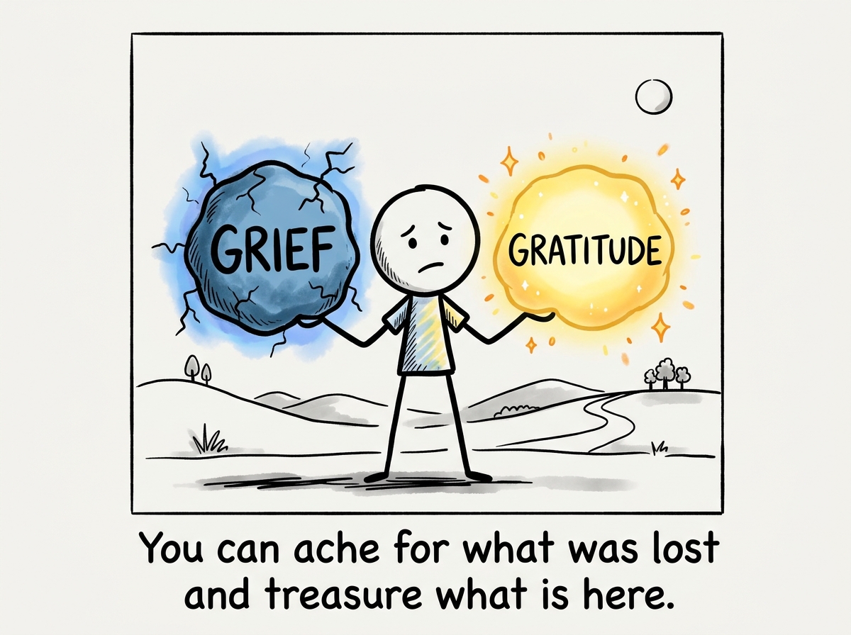 The stick figure holding both the grief and the gratitude at the same time, one in each hand, neither cancelled out