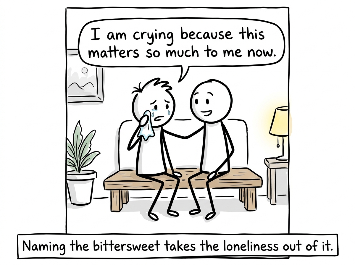 The stick figure sharing the moment with someone they trust, saying 'I am crying because this matters so much to me now'