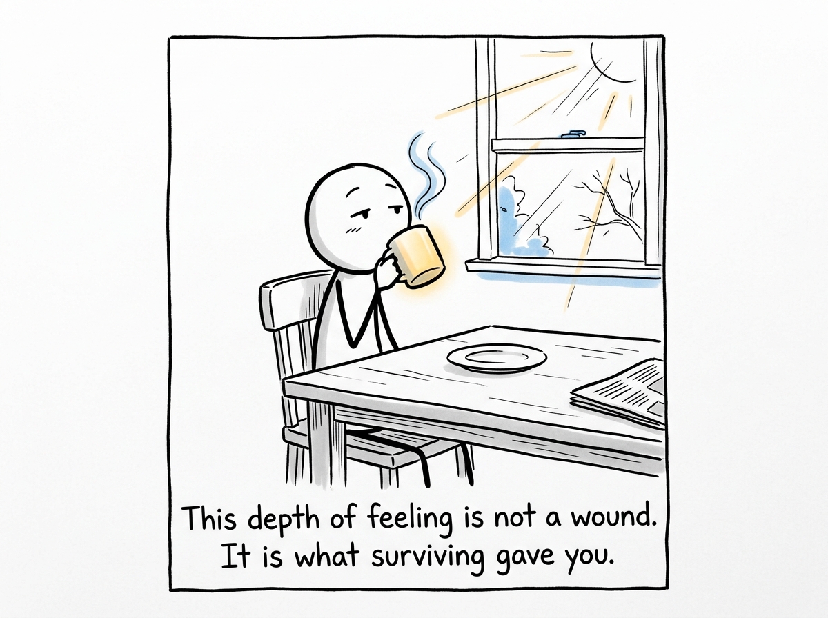 The stick figure taking another sip of coffee on another ordinary morning, present and soft and aware