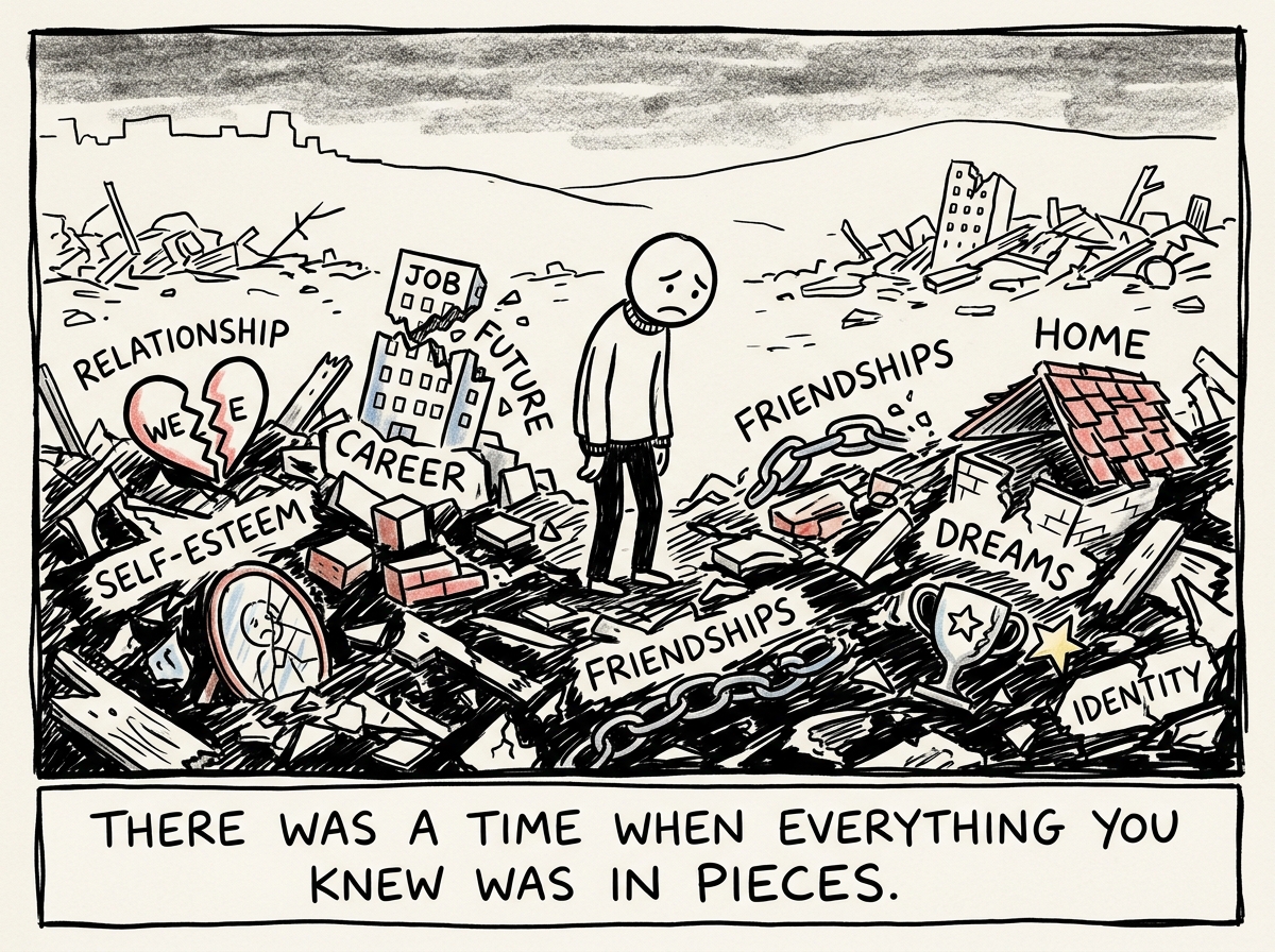 A stick figure standing in a field of rubble -- broken pieces of their old life scattered everywhere: a shattered relationship, a crumbled career, a fractured sense of self