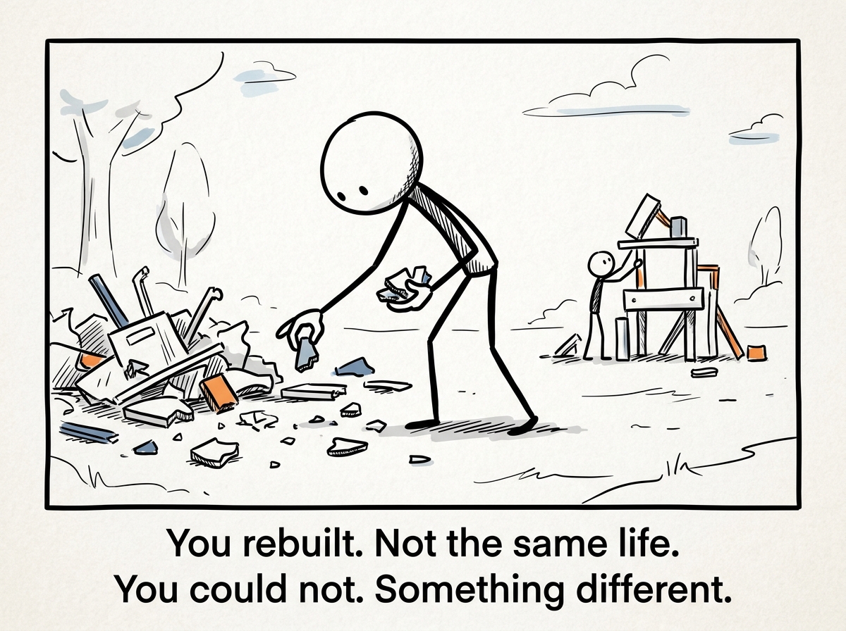 The same stick figure slowly picking up the broken pieces, examining each one carefully, keeping some and discarding others, beginning to build something new from the wreckage