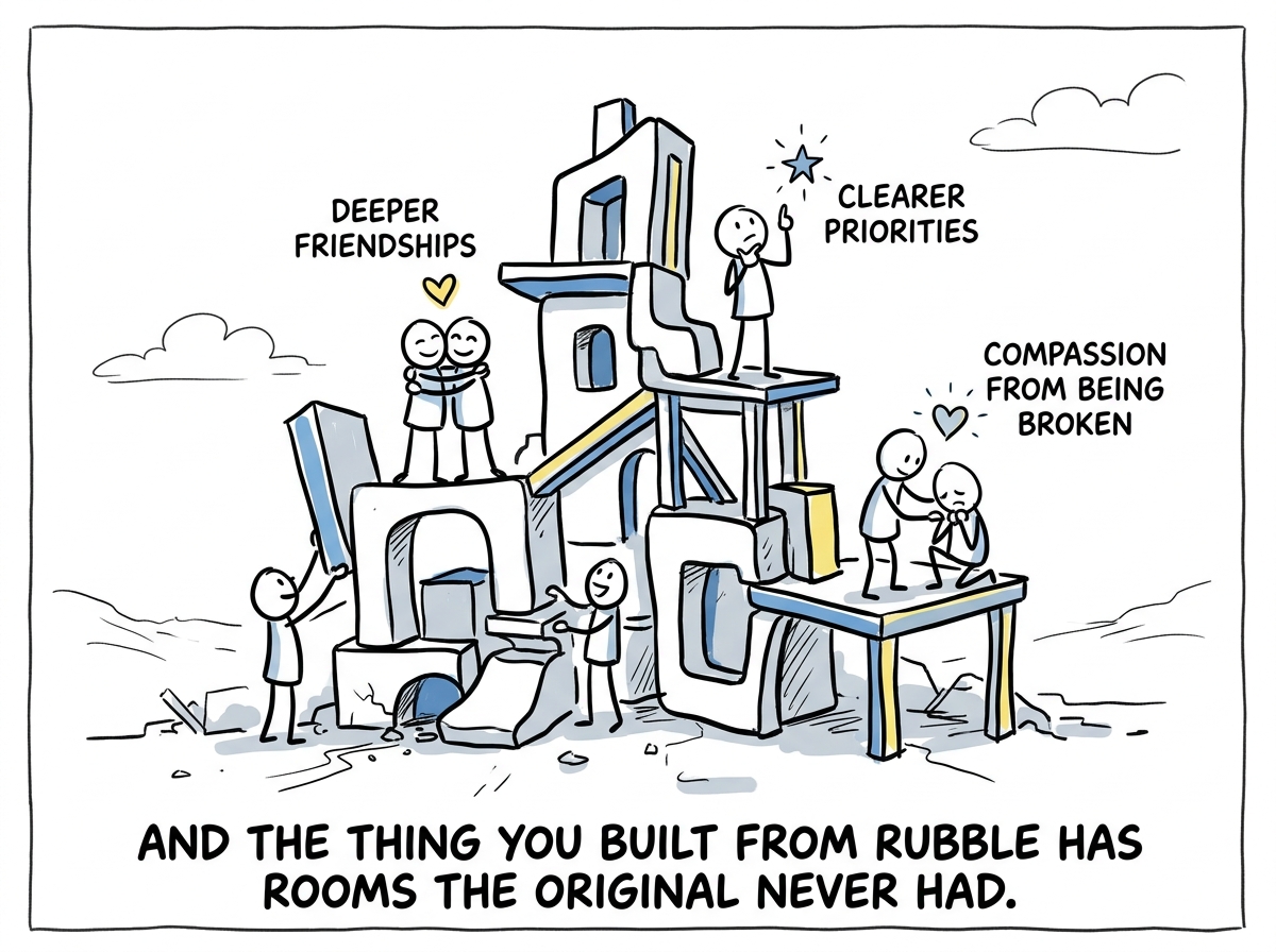 The new structure taking shape -- not a replica of what was lost but something unexpected: deeper friendships, clearer priorities, a compassion that could only come from having been broken