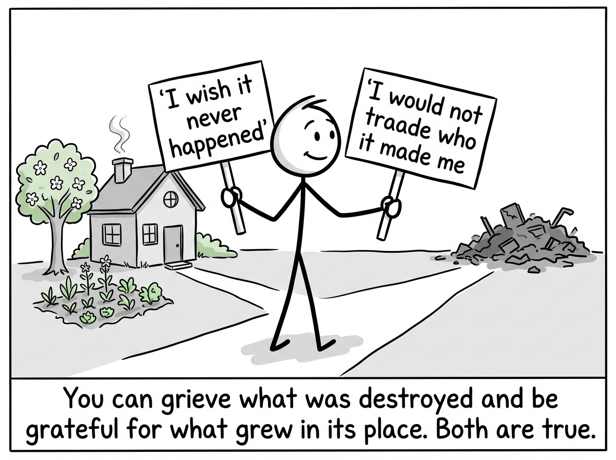 The stick figure standing in their rebuilt life, looking back at the rubble in the distance, holding two truths simultaneously shown as two objects in each hand: 'I wish it never happened' and 'I would not trade who it made me'