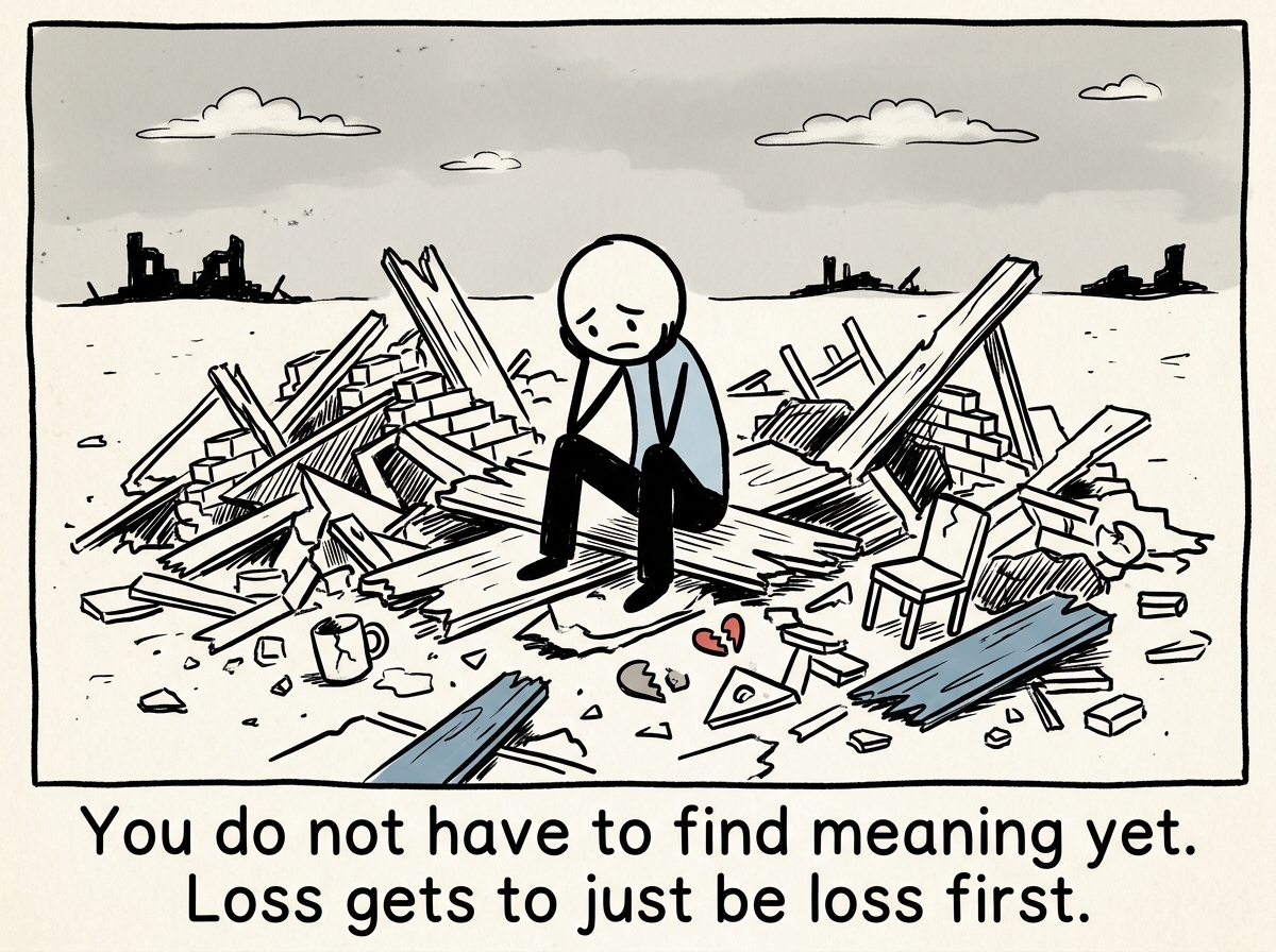 A stick figure sitting with the wreckage, not rushing to rebuild, just allowing the loss to be real