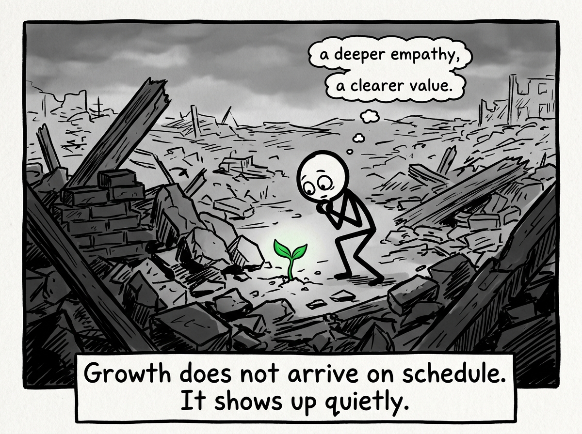 The stick figure noticing one small new thing that grew from the rubble -- a deeper empathy, a clearer value