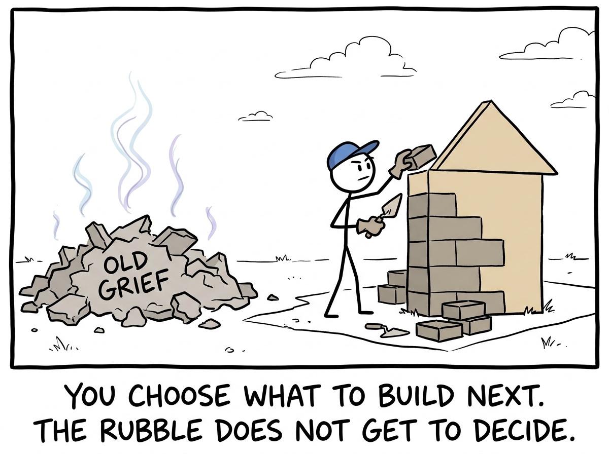 The stick figure building something new and intentional, keeping the old grief nearby but not letting it be the architect