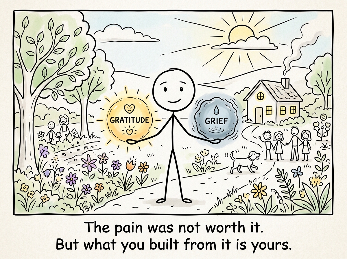 The stick figure standing in a life that looks nothing like the original, holding space for both gratitude and grief