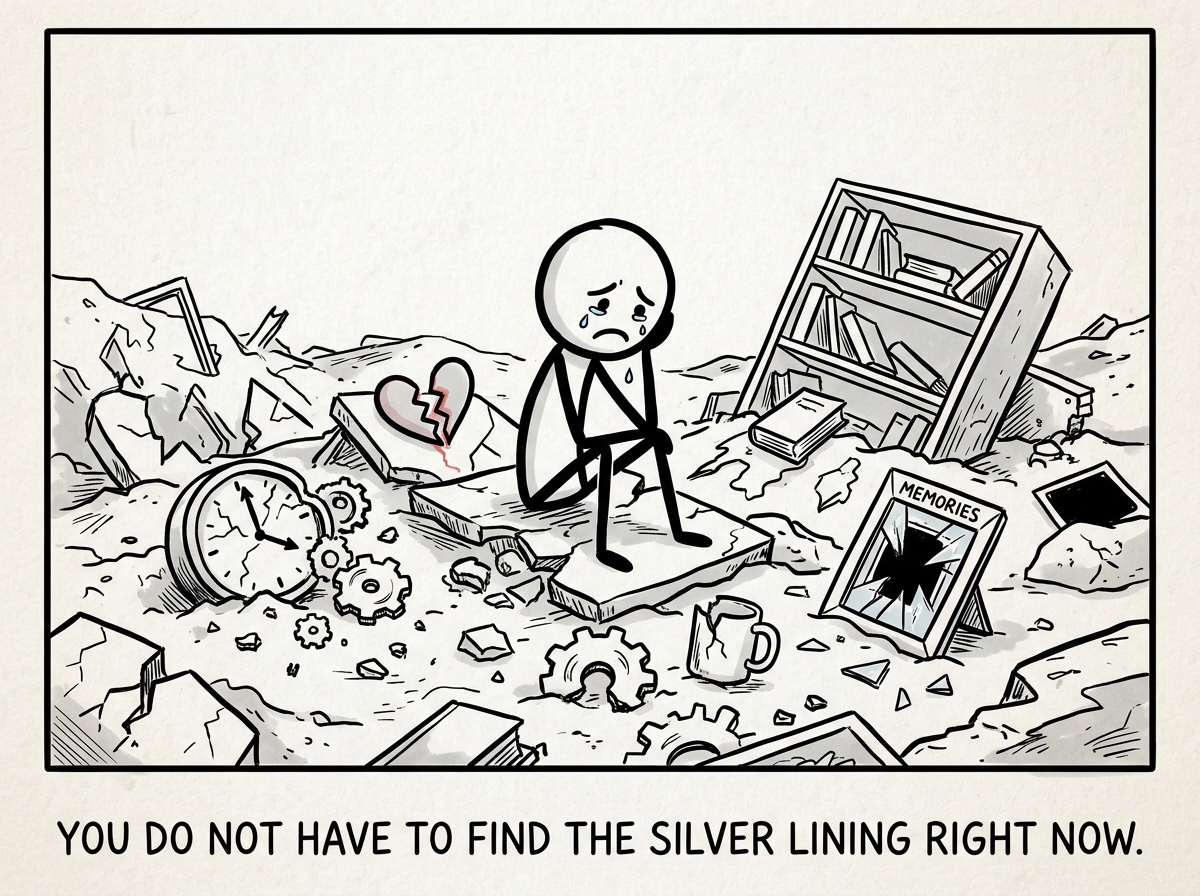 A stick figure sitting among broken pieces of their old life, allowing themselves to grieve without rushing toward meaning