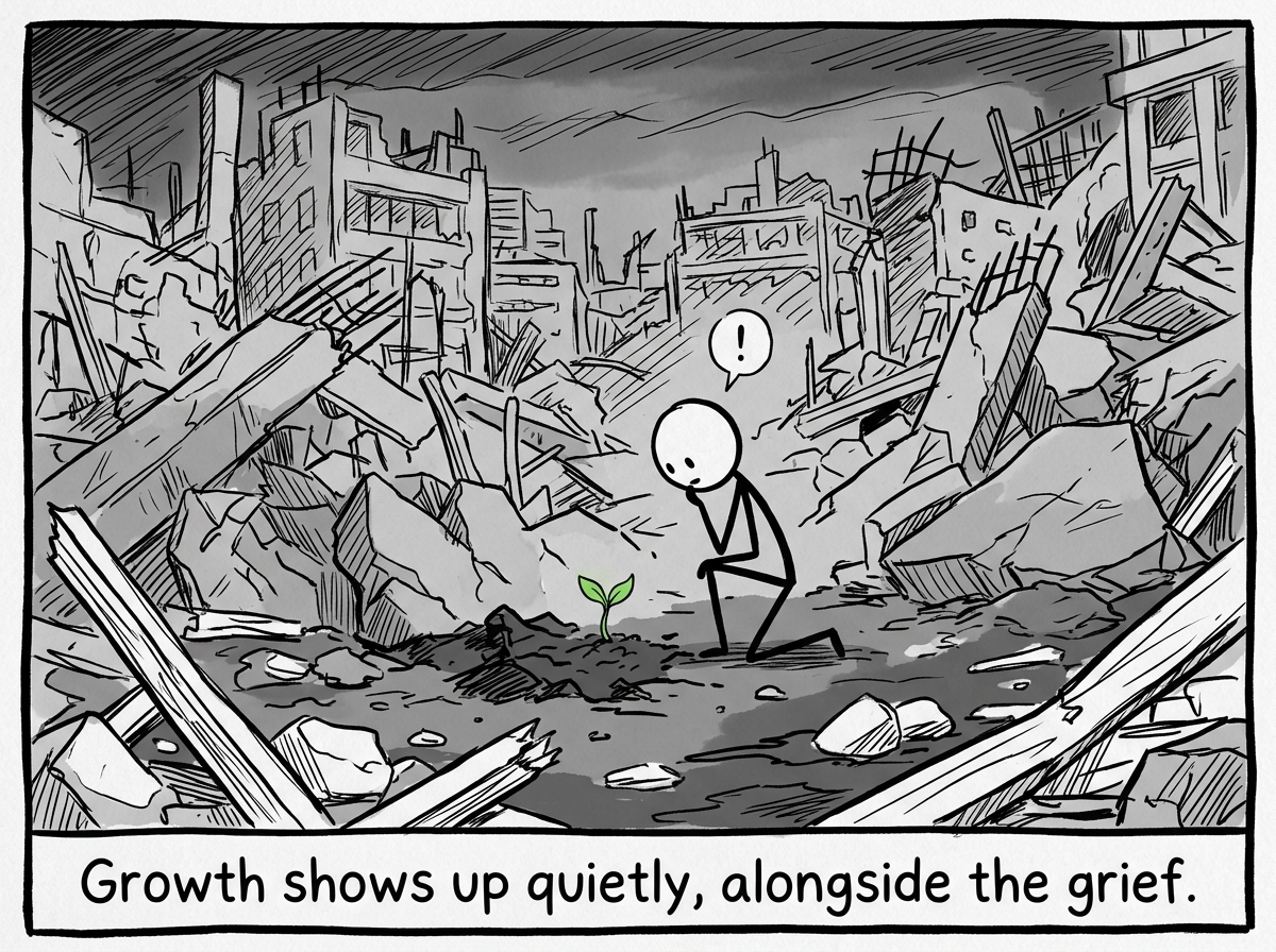 The stick figure noticing something small and new growing in the rubble -- a deeper friendship, a clearer sense of purpose