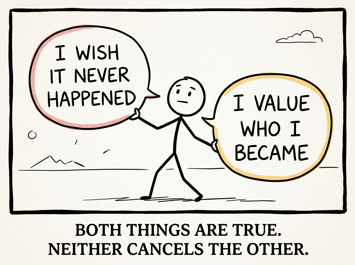 The stick figure holding two truths at once: 'I wish it never happened' in one hand and 'I value who I became' in the other