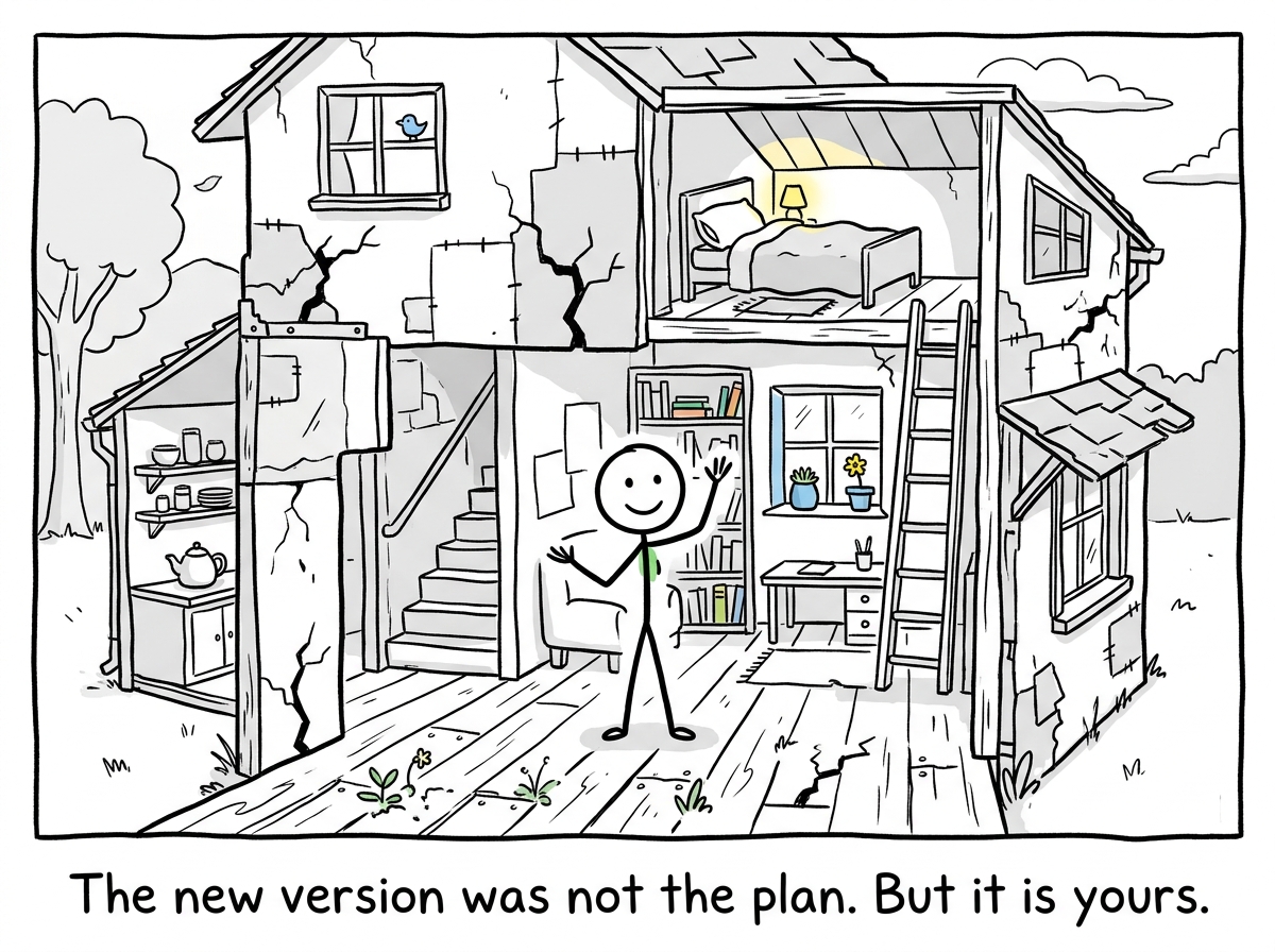 The stick figure standing in a rebuilt life that looks different from the original, with visible cracks but also new rooms