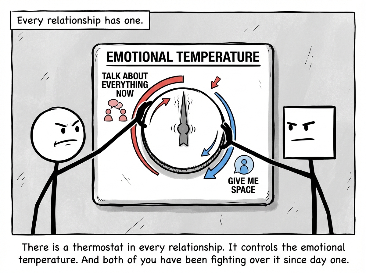 Two stick figures stand on opposite sides of a large wall-mounted thermostat labeled 'EMOTIONAL TEMPERATURE.' Figure A reaches for the dial to turn it up toward 'TALK ABOUT EVERYTHING NOW' while Figure B reaches to turn it down toward 'GIVE ME SPACE.' Both have determined, righteous expressions. The thermostat needle quivers in the middle. A label above reads 'Every relationship has one.'