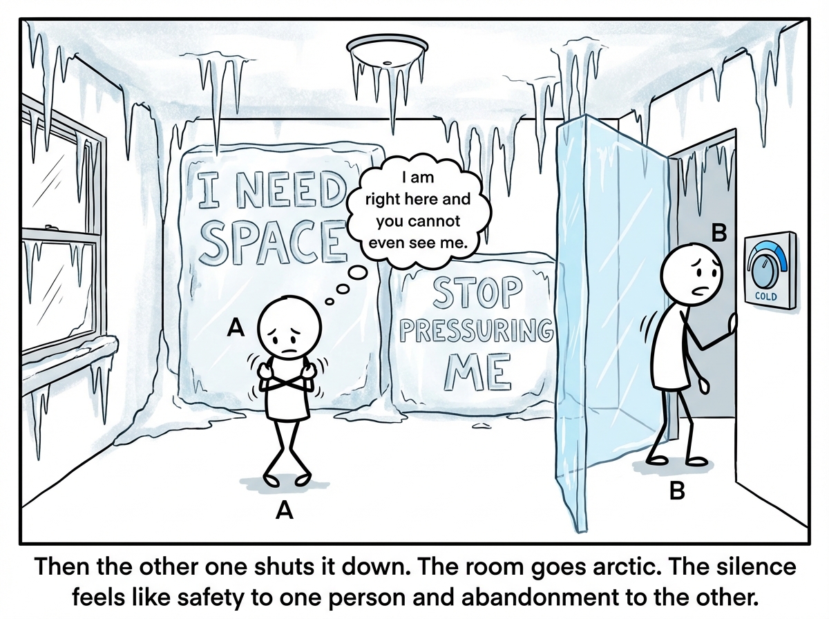 Now Figure B has wrenched the thermostat to the cold side. The room is frozen -- icicles hanging from the ceiling, frost covering the walls, words like 'I NEED SPACE' and 'STOP PRESSURING ME' carved in ice. Figure A stands alone in the frozen room, arms wrapped around themselves, shivering. Their thought bubble reads 'I am right here and you cannot even see me.' Figure B stands behind a wall of ice, looking relieved but guilty.