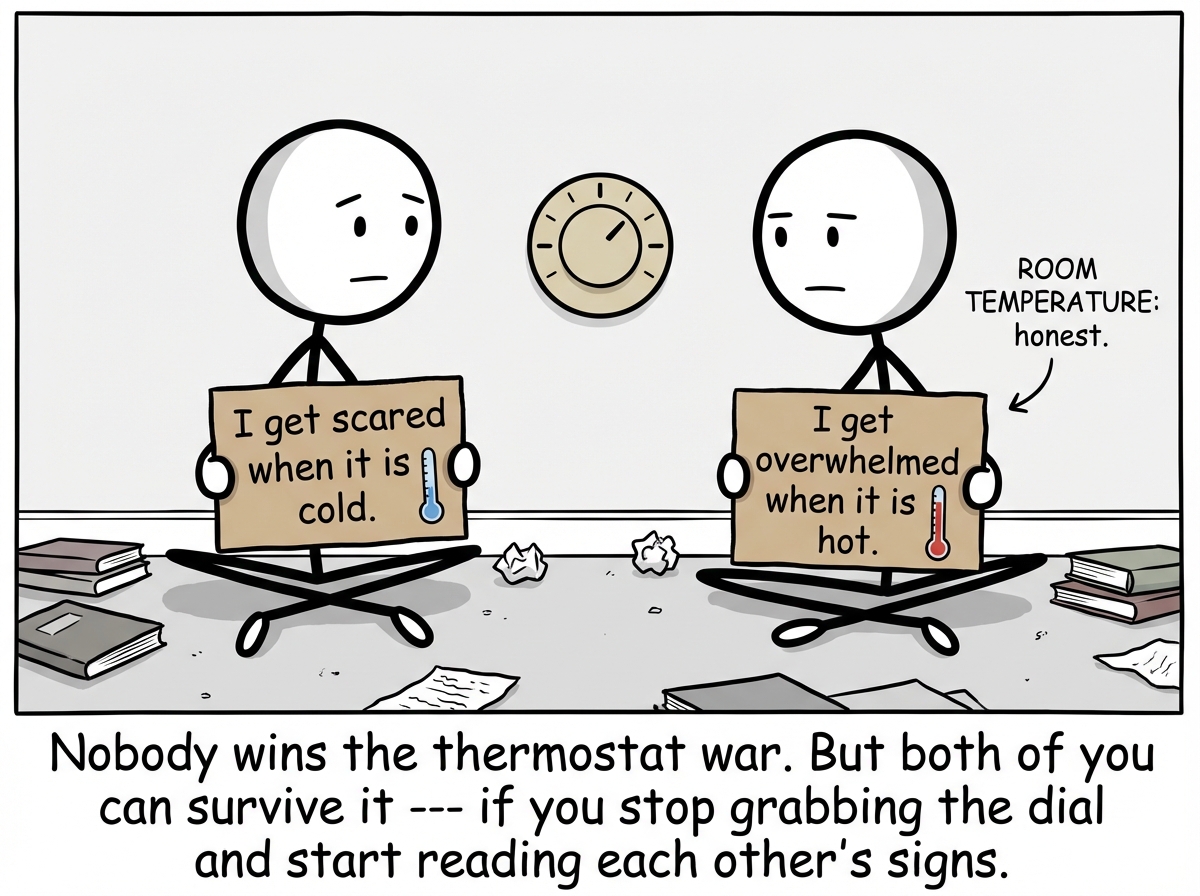 Both stick figures have let go of the thermostat. They sit facing each other on the floor, the thermostat visible but untouched between them. Figure A holds a small sign that says 'I get scared when it is cold.' Figure B holds a small sign that says 'I get overwhelmed when it is hot.' The room is neither boiling nor freezing -- just a little messy and imperfect. A label reads 'ROOM TEMPERATURE: honest.'