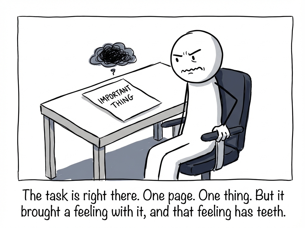 A stick figure sits at a desk with a single task written on a piece of paper labeled 'IMPORTANT THING.' The figure's face shows visible discomfort -- furrowed brow, tight mouth. A small dark cloud hovers over the paper, representing the anxiety the task triggers. The figure's hand reaches not toward the paper but toward the desk chair's armrest.