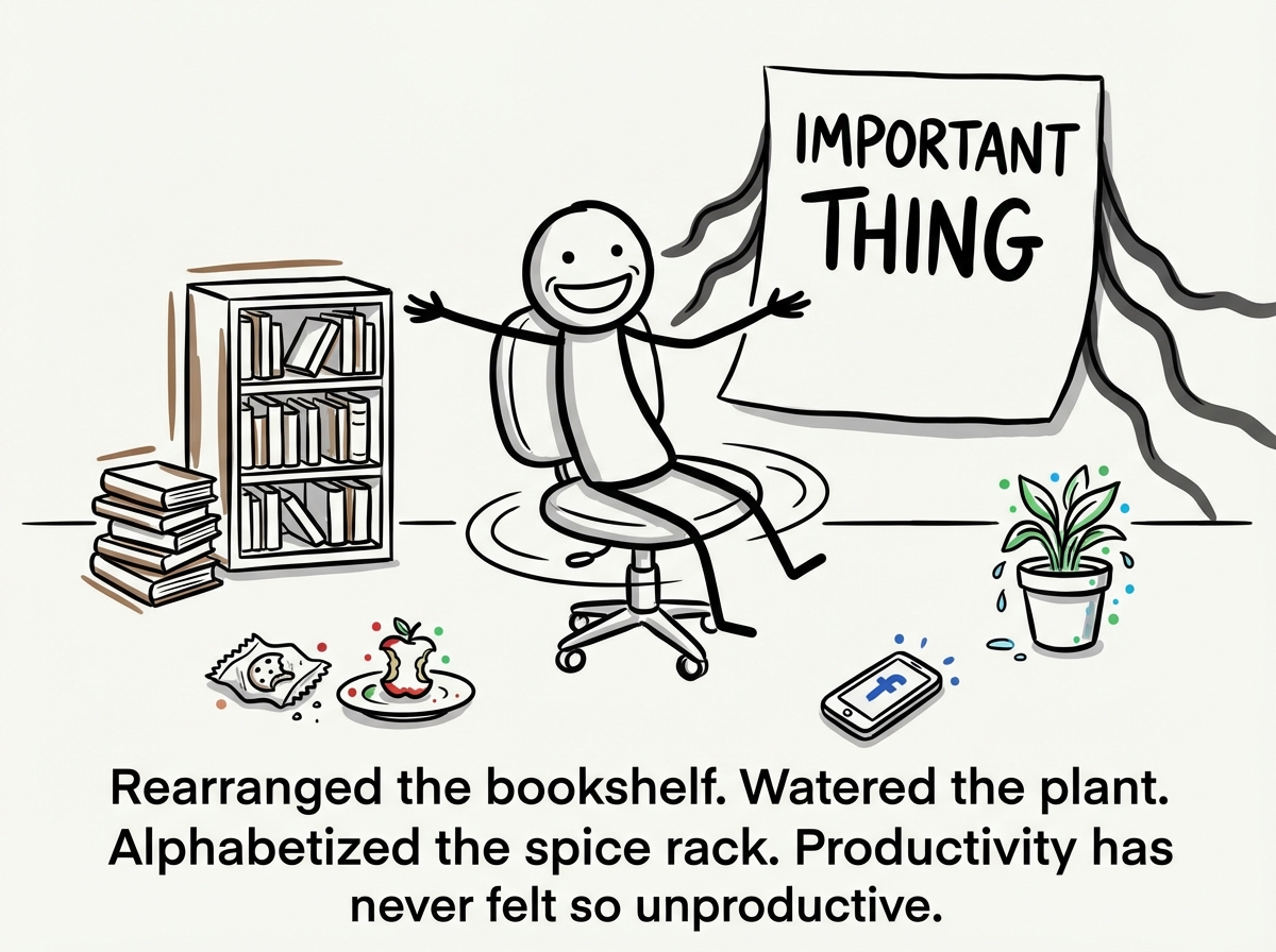 The stick figure is now spinning in the desk chair with arms outstretched, a forced grin on their face. Around them, scattered evidence of displacement activity: a reorganized bookshelf, a half-eaten snack, a phone showing social media, and a freshly watered plant. Behind the chair, the 'IMPORTANT THING' paper has grown slightly larger and sprouted tiny shadow tendrils.