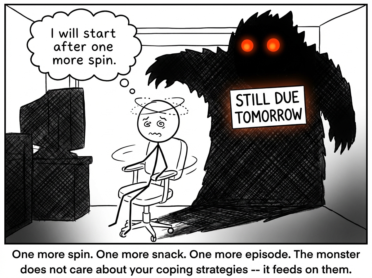 The stick figure continues spinning, now looking slightly dizzy and less cheerful. Behind them, the task has grown into a massive shadowy monster with glowing eyes, sharp edges, and a label on its chest that reads 'STILL DUE TOMORROW.' The monster's shadow covers most of the room. The figure's thought bubble reads 'I will start after one more spin.'